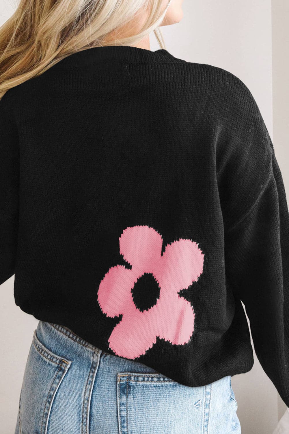 Round Neck Floral Pattern Color Contrast  Design Long Sleeve Sweater.