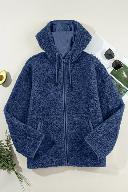 Navy Blue Fleece Zip Up Hooded Jacket With Front Pockets