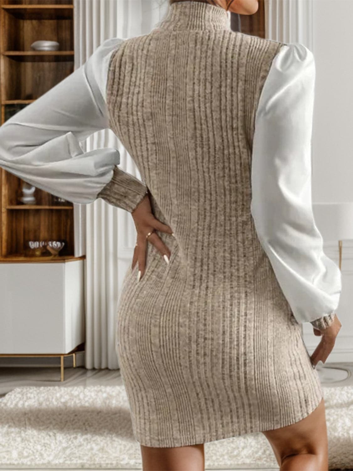 Ribbed Contrast Long Sleeve Sweater Dress.