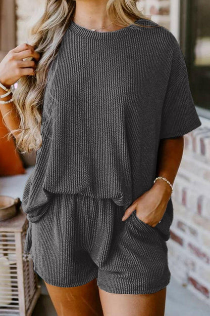 Textured Round Neck Top and Shorts Set.