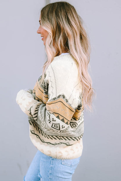 Geometric V-Neck Dropped Shoulder Sweater.