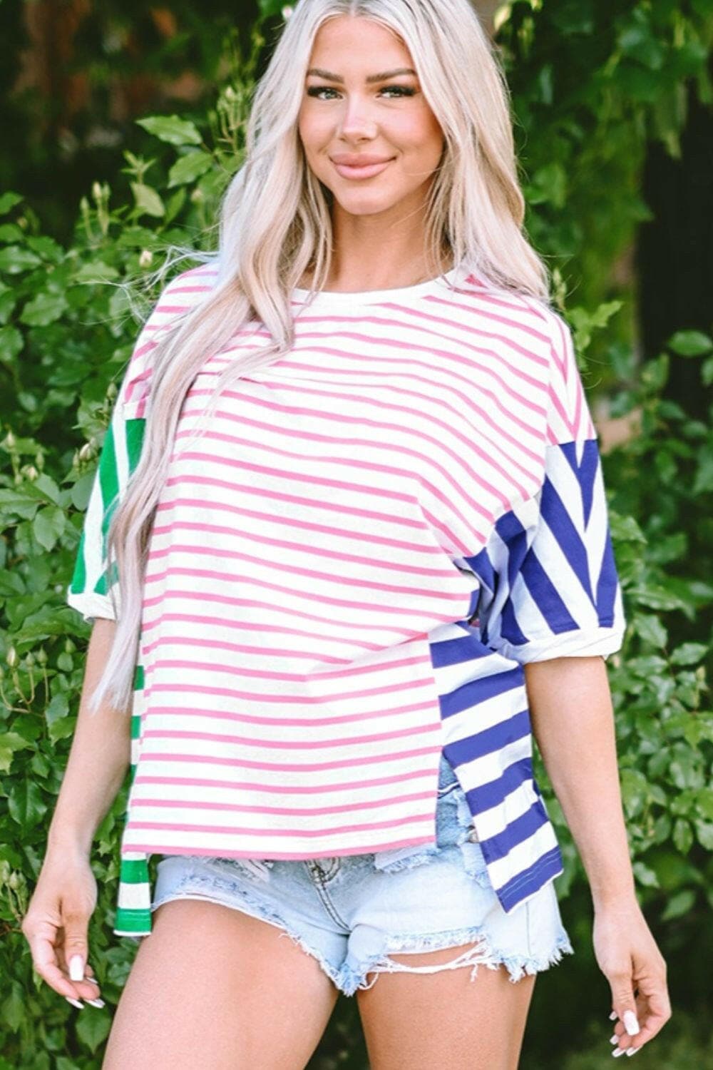 Striped Round Neck Dropped Shoulder T-Shirt.