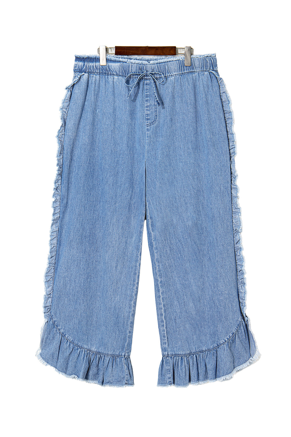 Plus Size Ruffled Ankle Jeans with Lace-Up Waist in Blue