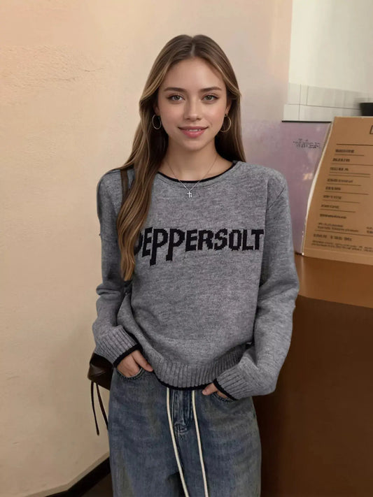 Letter Contrast Trim Round Neck Sweater Simply Love