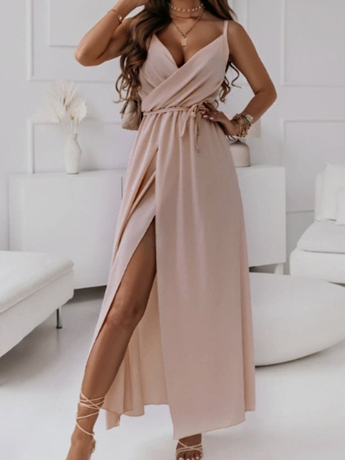 Tied Surplice Sleeveless Midi Cami Dress.