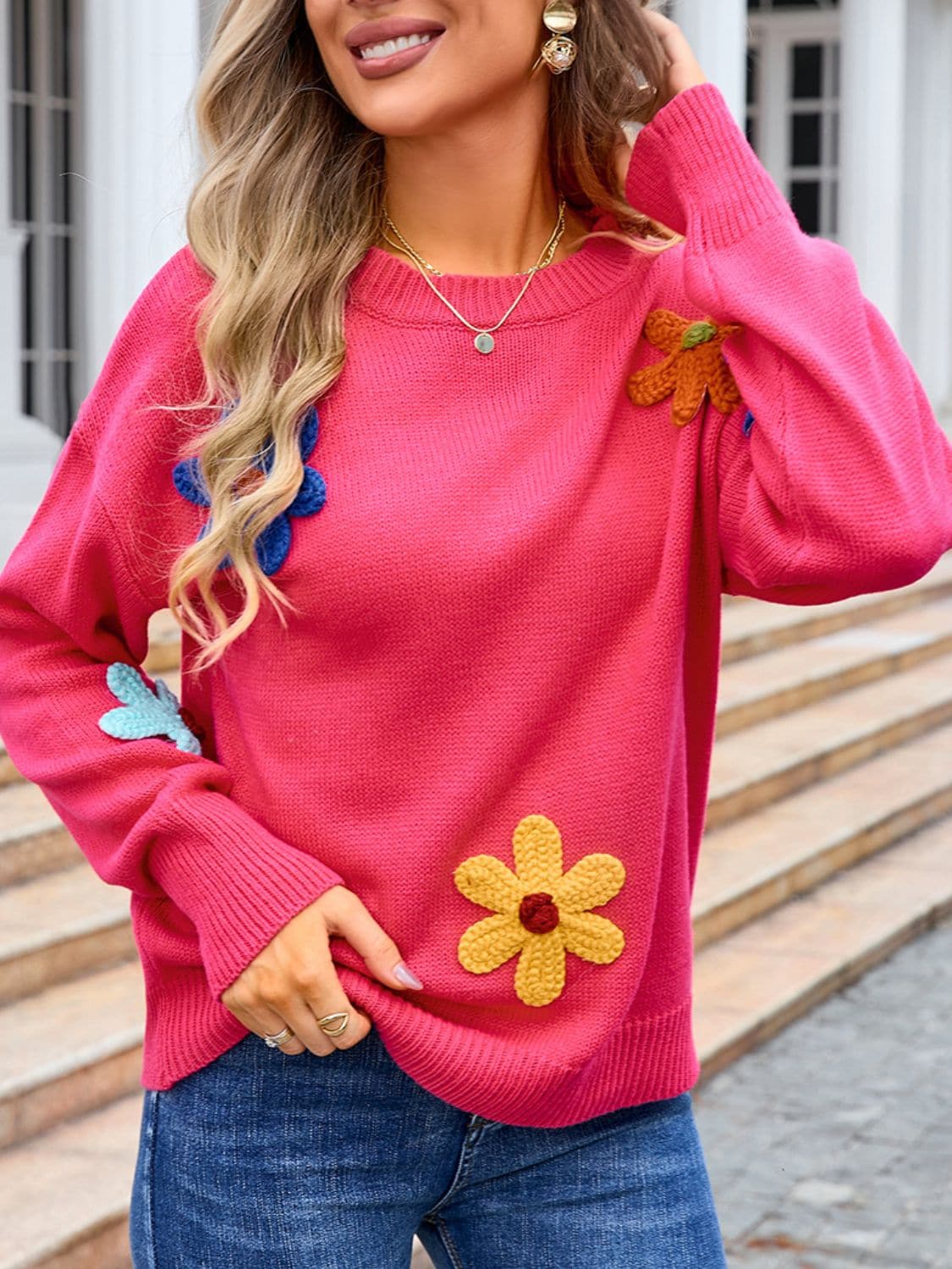 Crochet floral pullover - acrylic, sizes S-XL