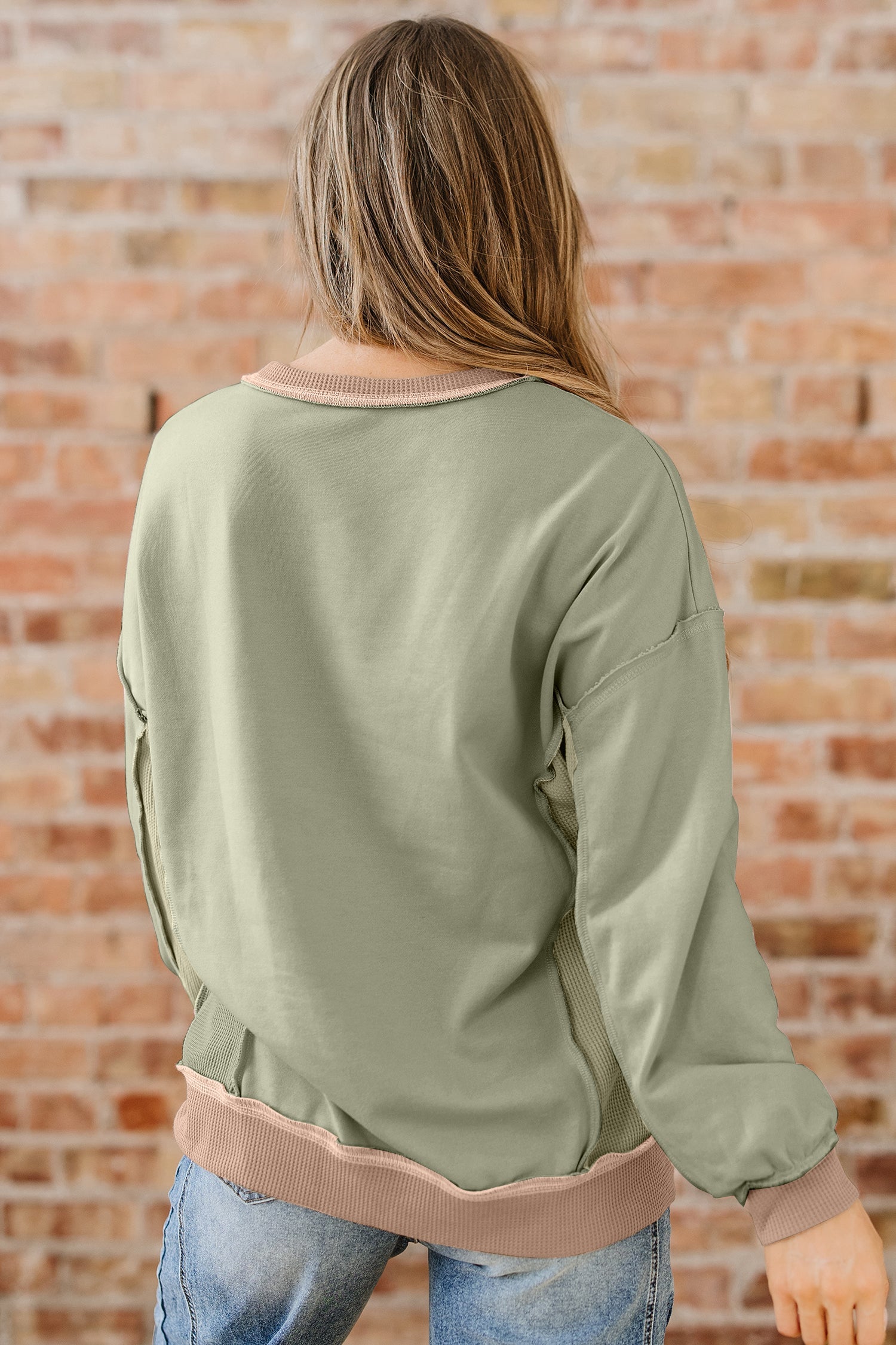 Dear-Lover Green Waffle Sweatshirt Women's Daily Oversized Patchwork Top Casual Fall Dear-Lover Dropshipping