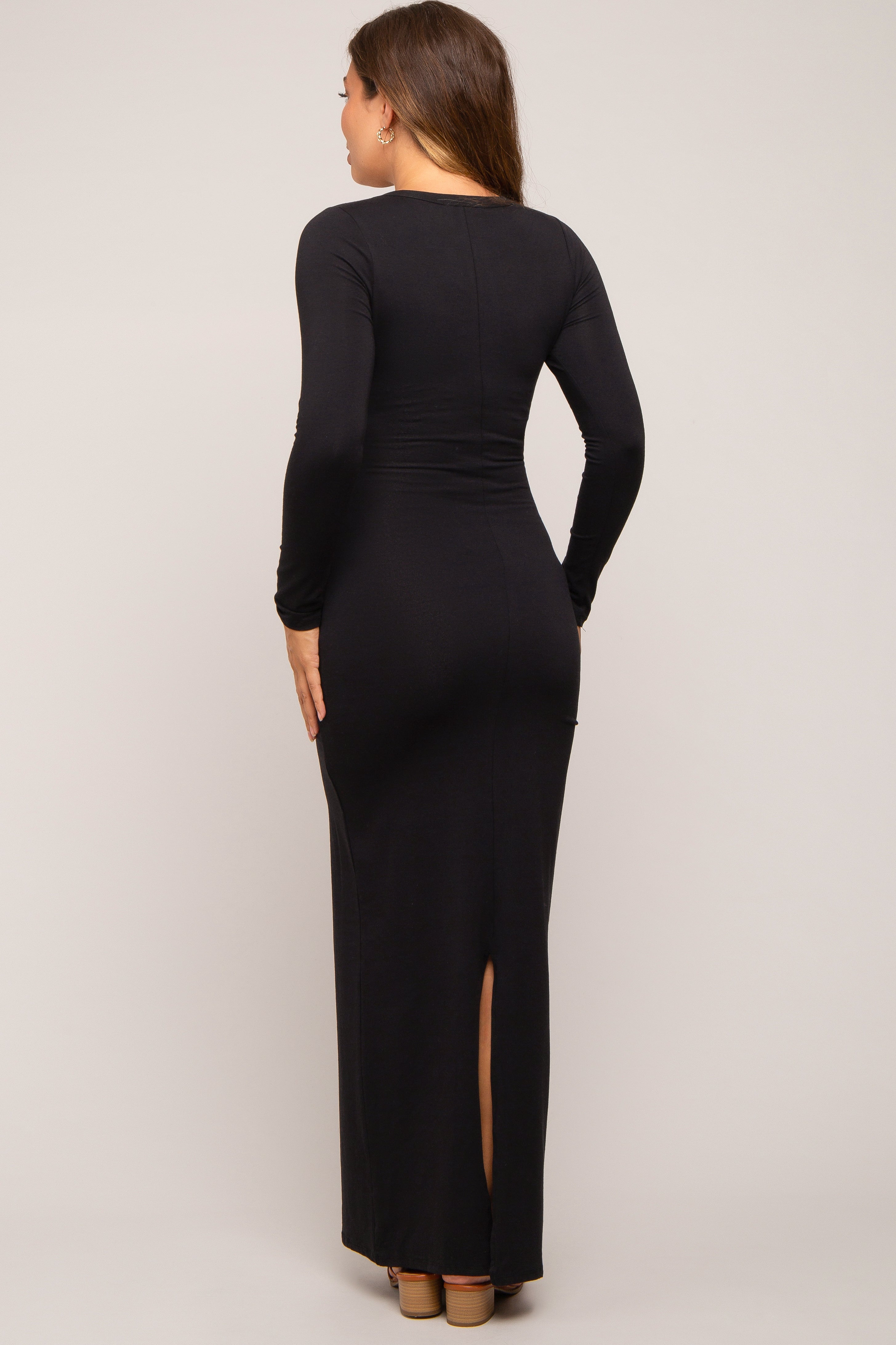 Black Solid Long Sleeve Scoop Neck Maternity Maxi Dress PinkBlush