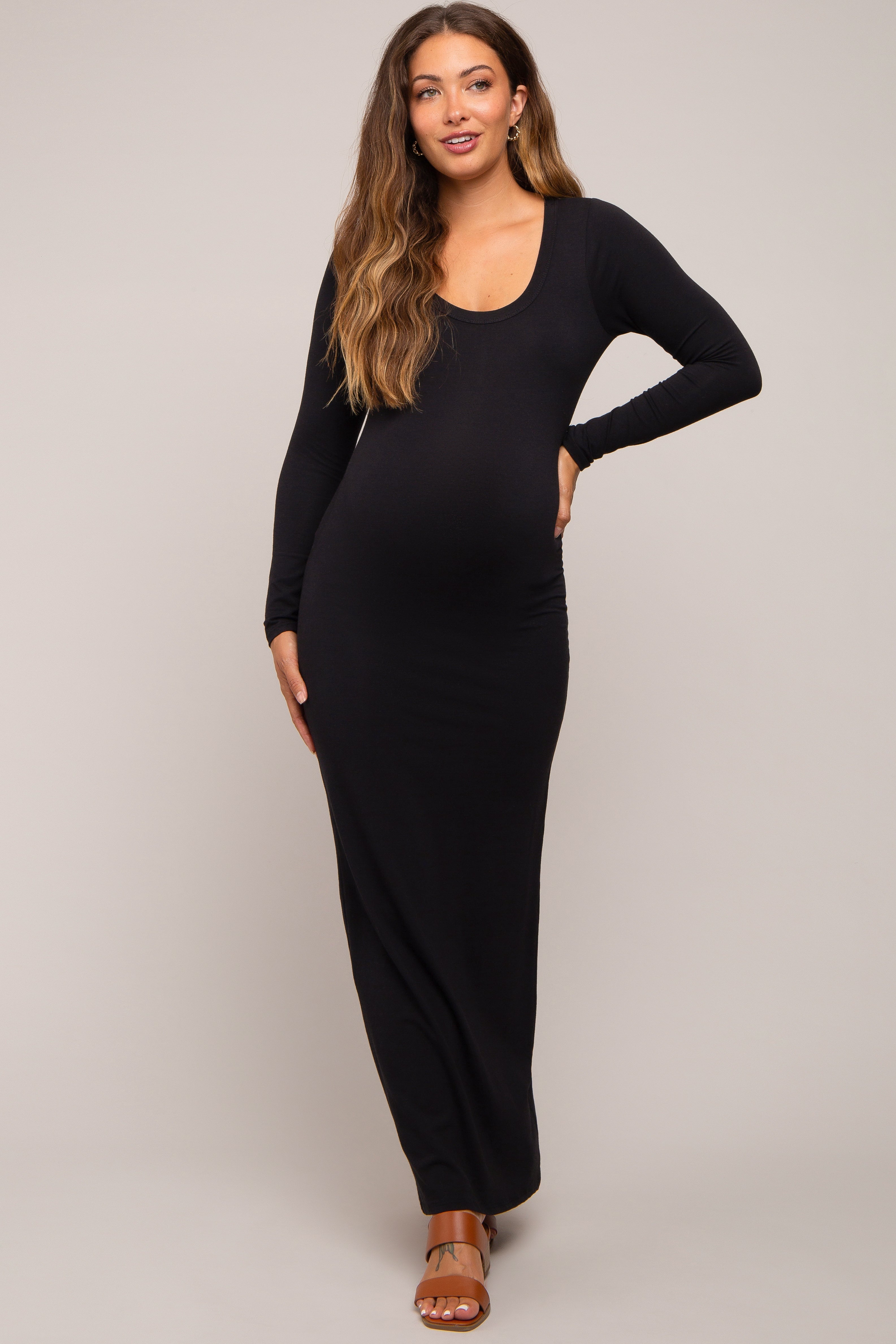 Black Solid Long Sleeve Scoop Neck Maternity Maxi Dress PinkBlush