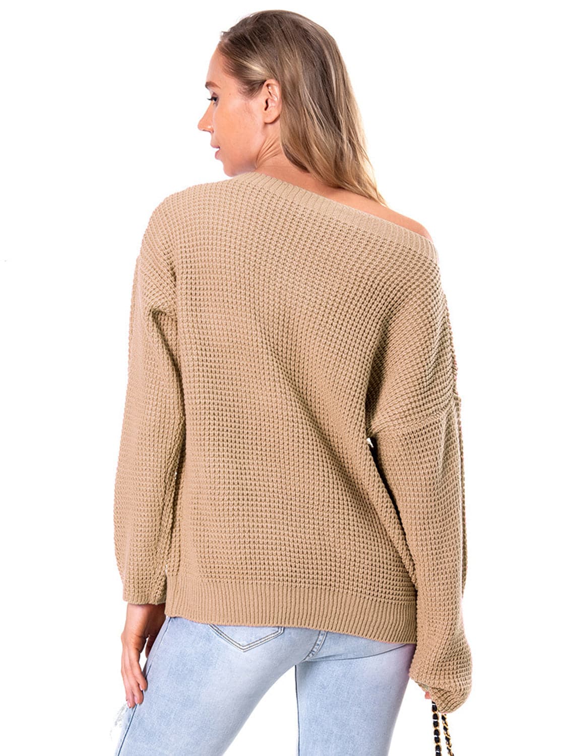 Boat Neck Drop Shoulder Long Sleeve Sweater.