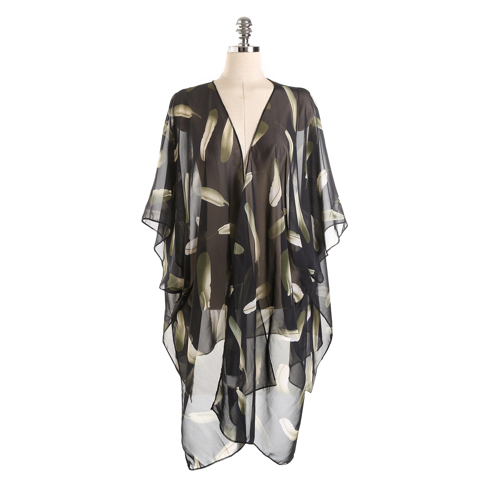 Summer Travel Feather Pattern Cardigan Beach Cover Up Swimwear Cover Up