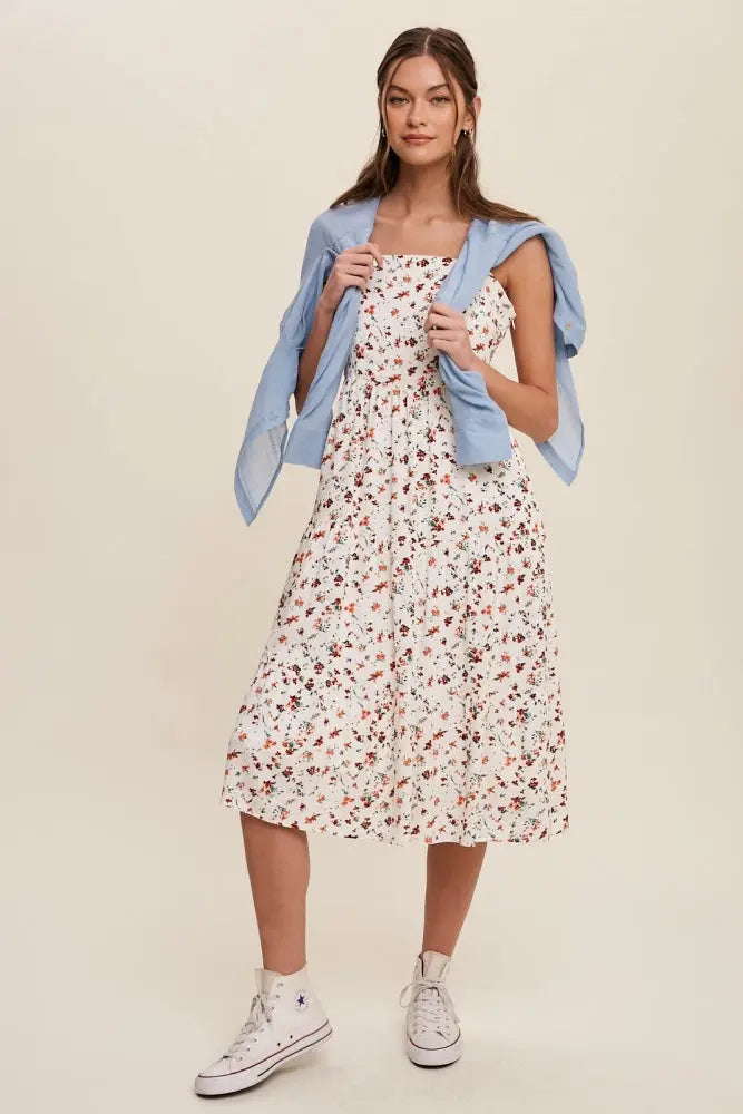 Orange Floral Print Square Neck A-Line Skirt Midi Dress PinkBlush