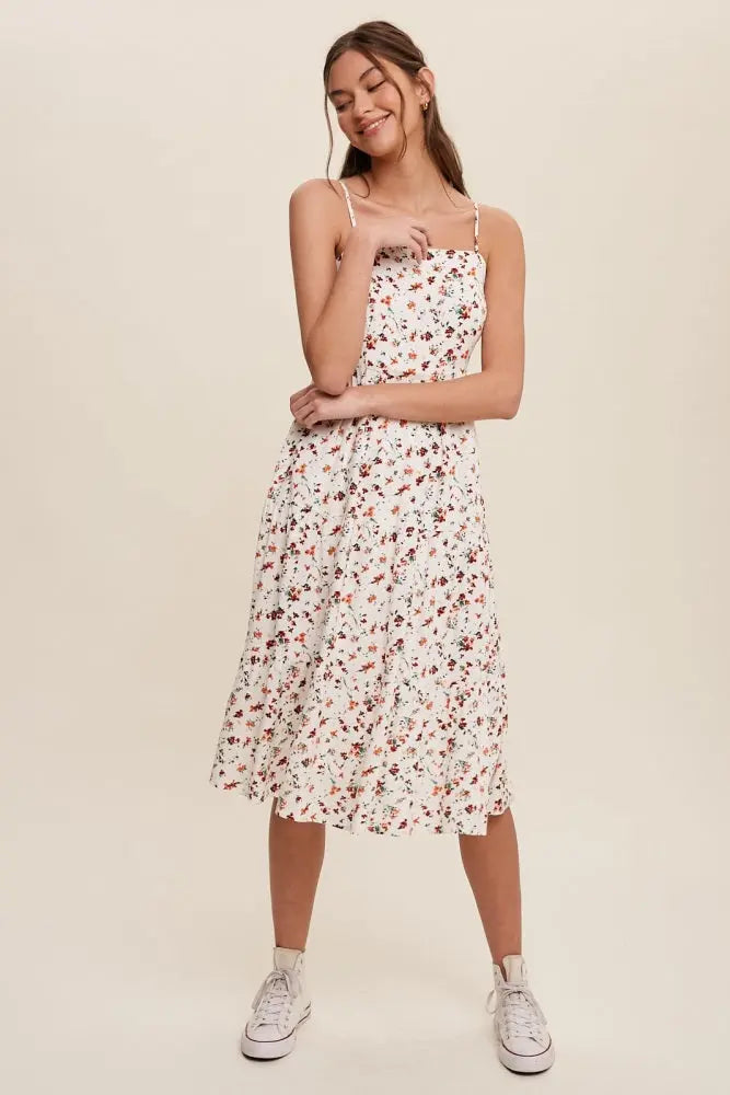 Orange Floral Print Square Neck A-Line Skirt Midi Dress PinkBlush