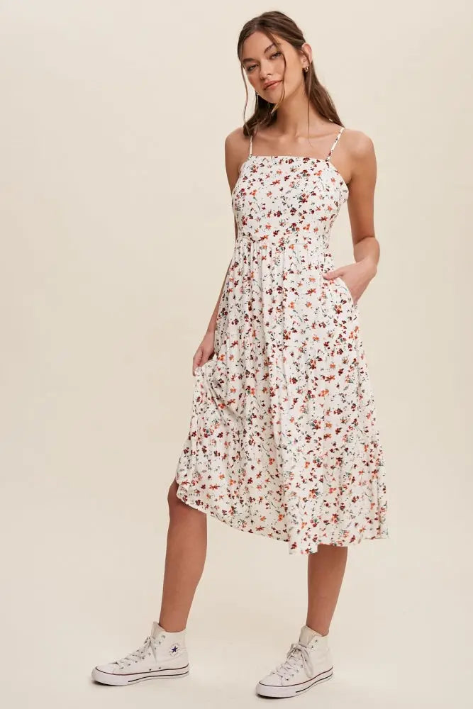 Orange Floral Print Square Neck A-Line Skirt Midi Dress PinkBlush