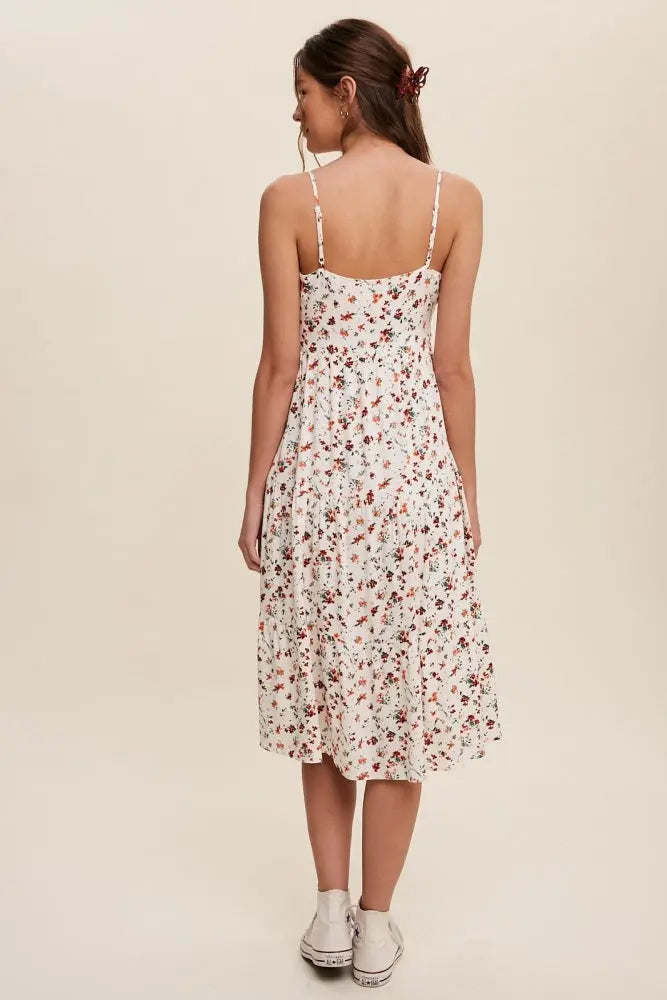 Orange Floral Print Square Neck A-Line Skirt Midi Dress PinkBlush