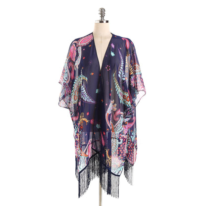 Spring Summer Dual Color Patchwork Paisley Beach Bikini Sun Protection Outwear Blouse