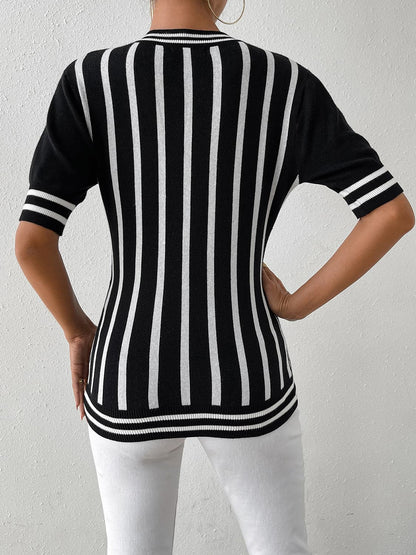 Striped Round Neck Half Sleeve Knit Top.