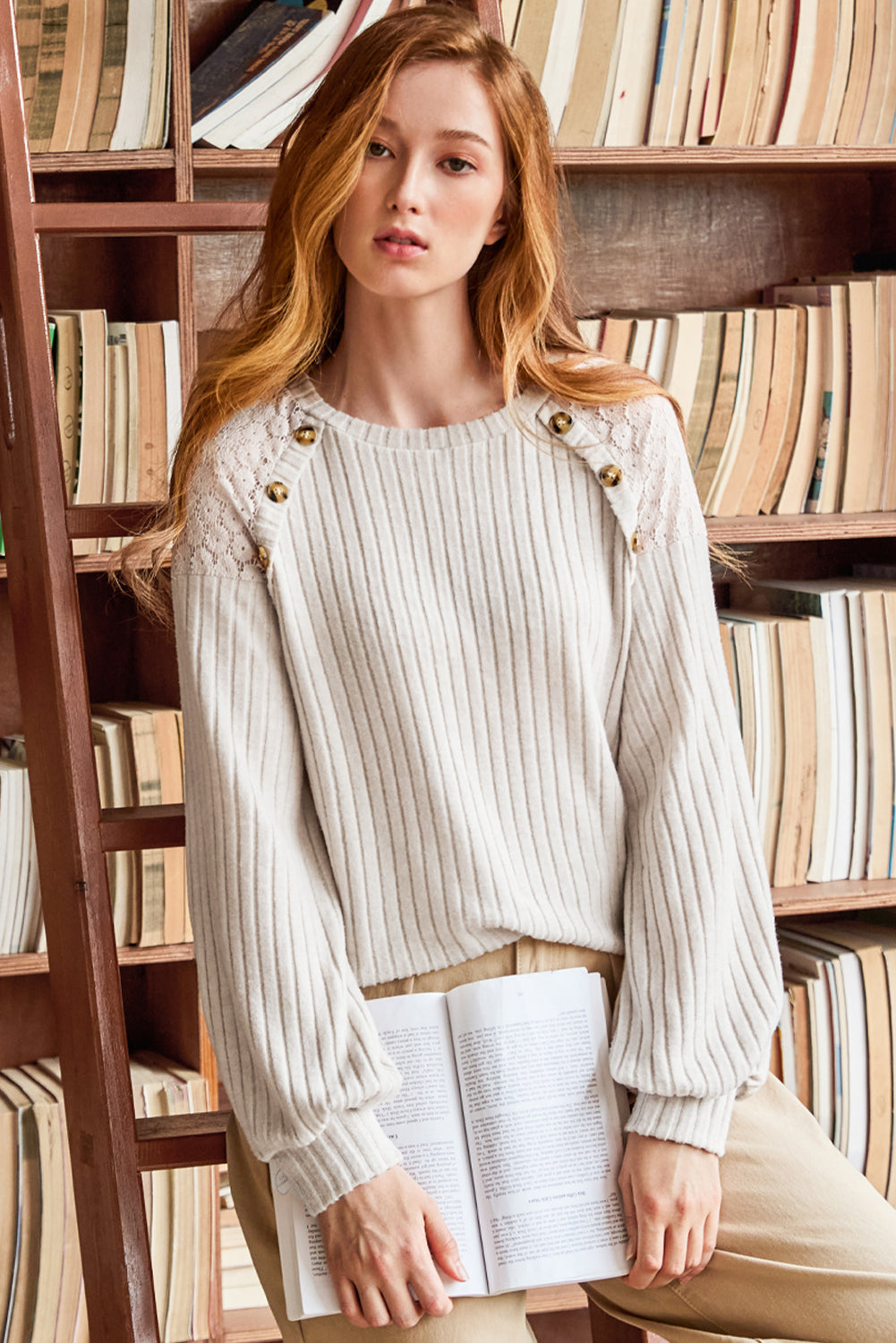 Lace detail ribbed top with button accents and raglan sleeves