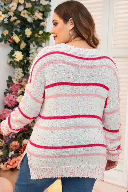 Chic pink stripe plus size drop shoulder sweater with side split