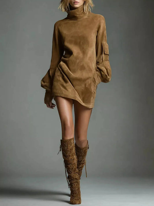 Full Size Suede Turtleneck Lantern Sleeve Mini Dress Plus Size Simply Love
