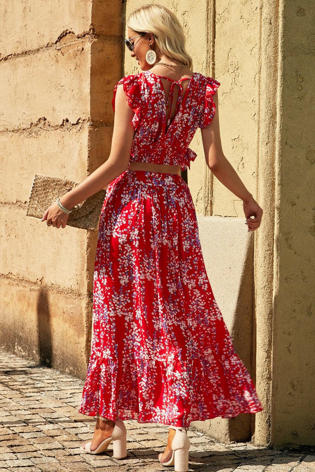 Printed Tie Back Cropped Top and Maxi Skirt Set.