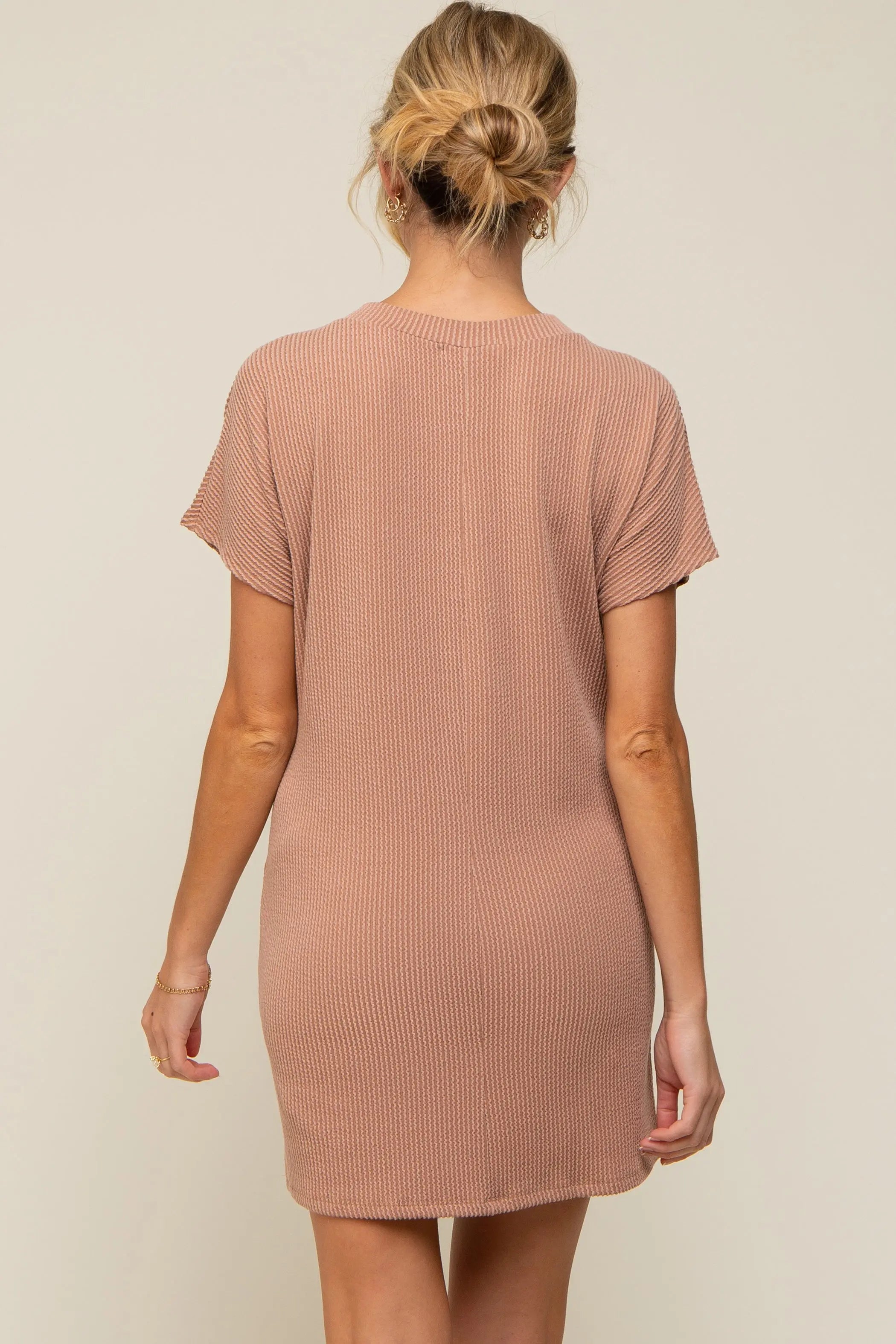 Camel Ribbed Front Pocket Dolman Short Sleeve Maternity Dress PinkBlush