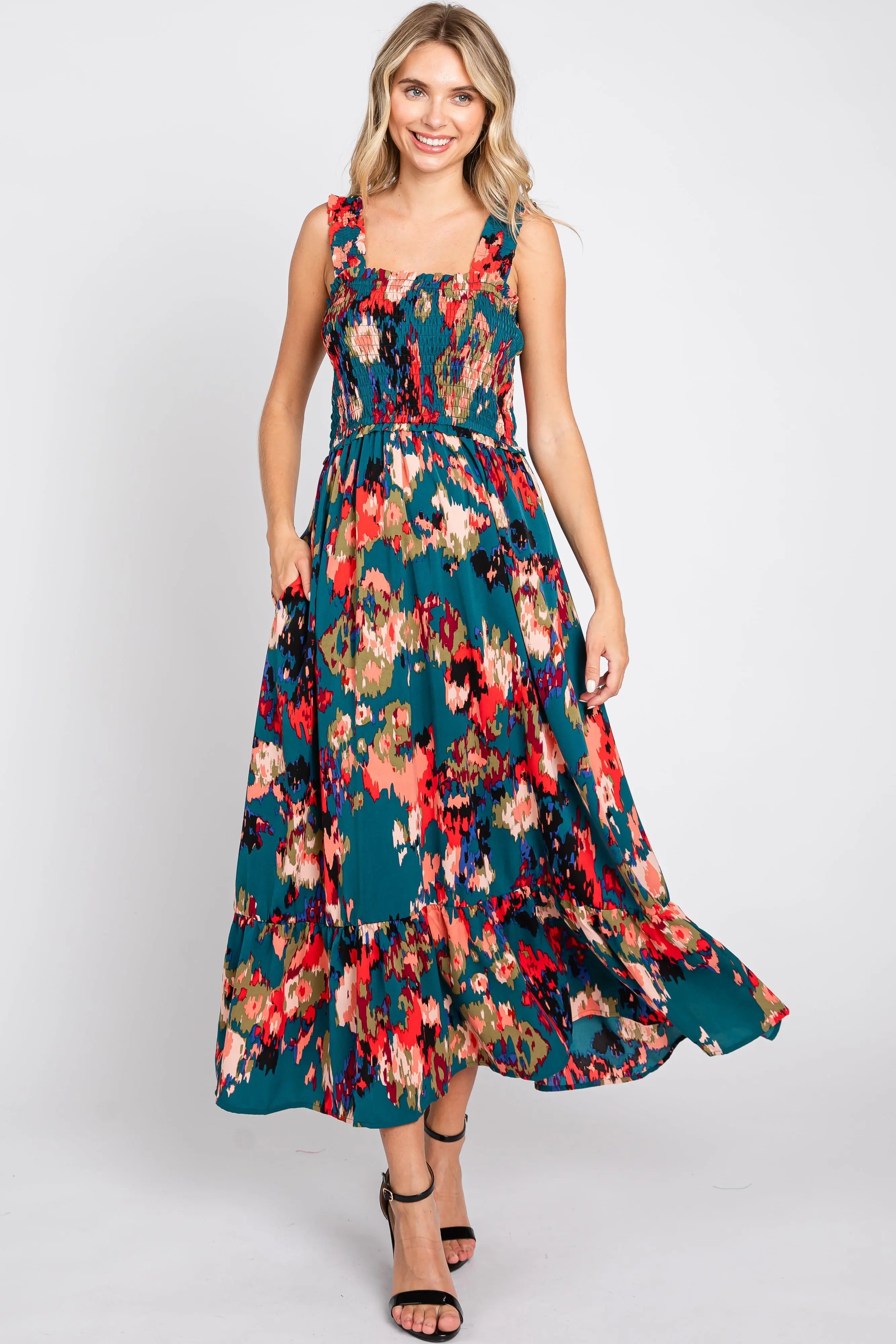 Forest Green Printed Smocked Midi Dress PinkBlush