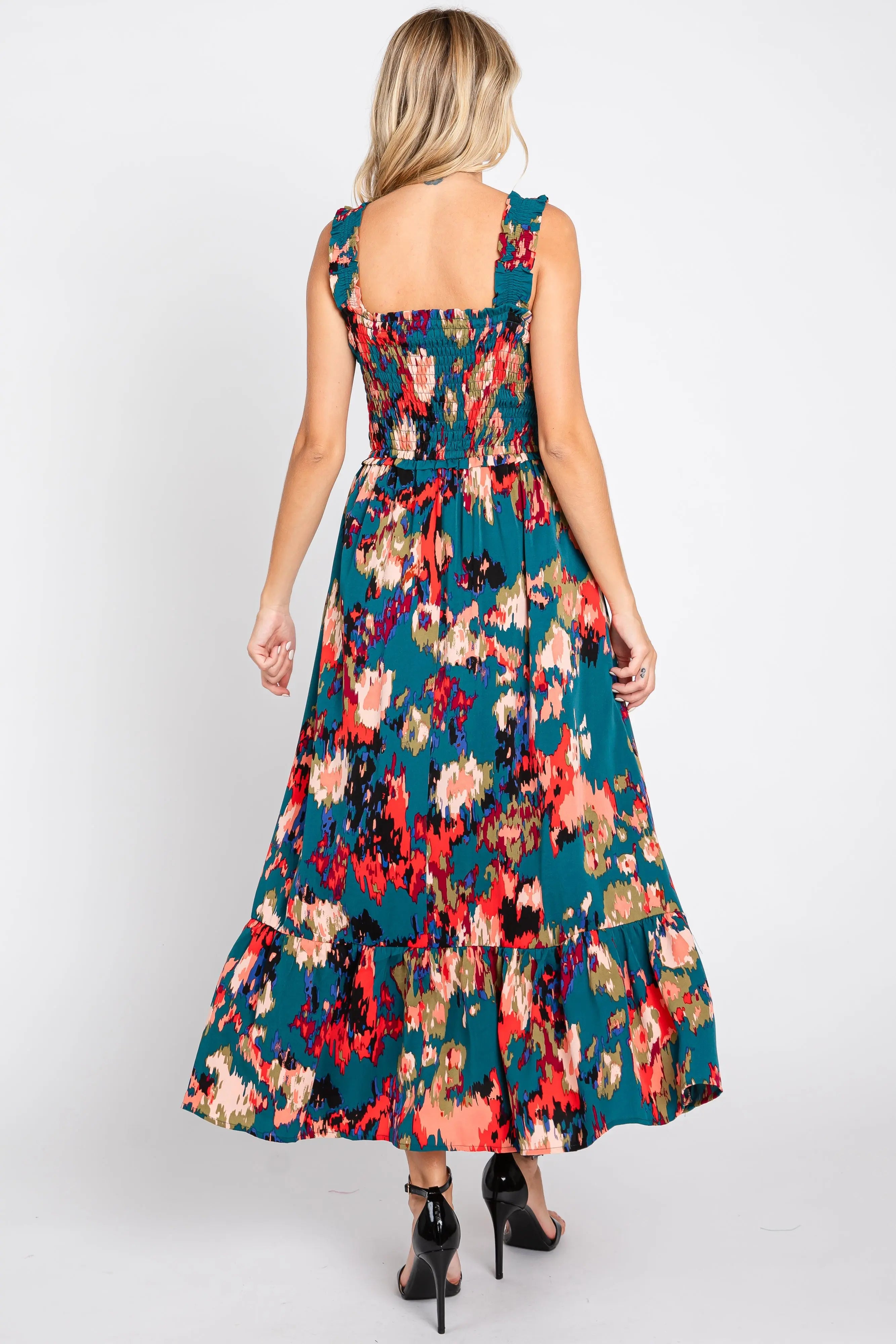 Forest Green Printed Smocked Midi Dress PinkBlush