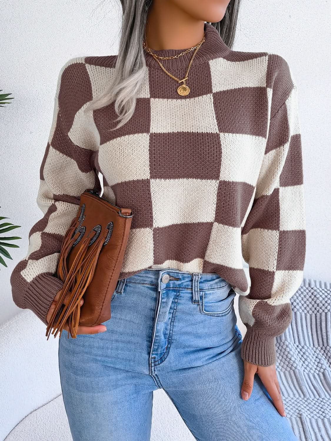 Checkered Mock Neck Long Sleeve Sweater - Love Salve 