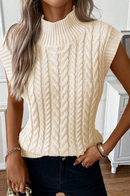 Oatmeal cable knit sleeveless high neck vest