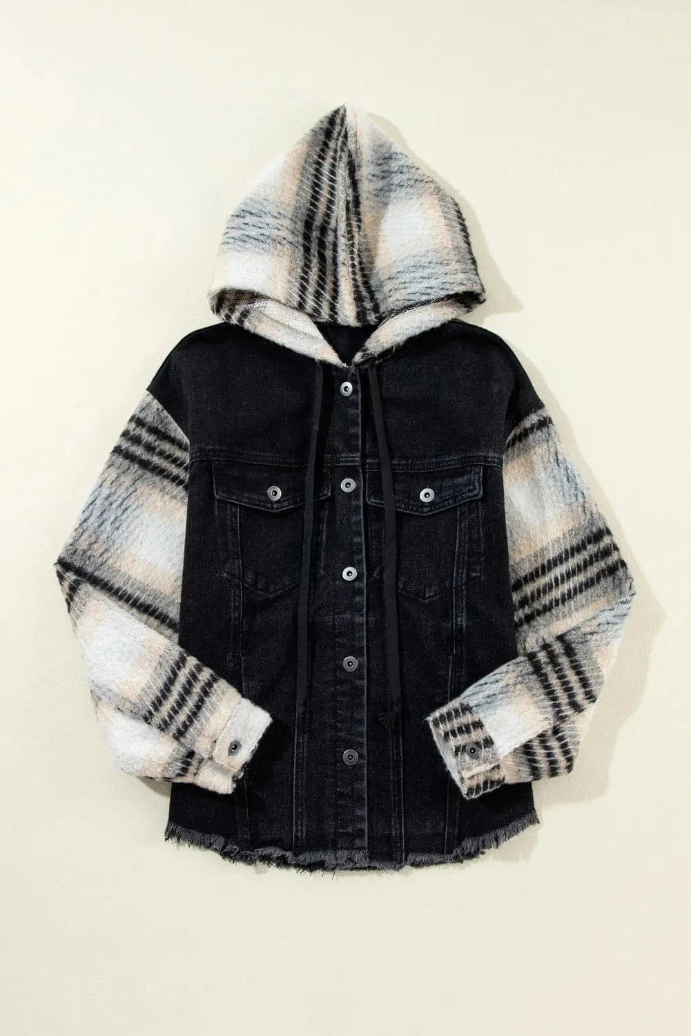 Hooded denim jacket with drawstring and raw hem detail