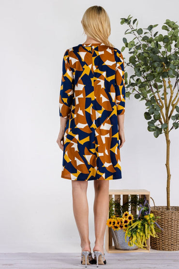 Celeste Full Size Geometric Round Neck Dress with Pockets.