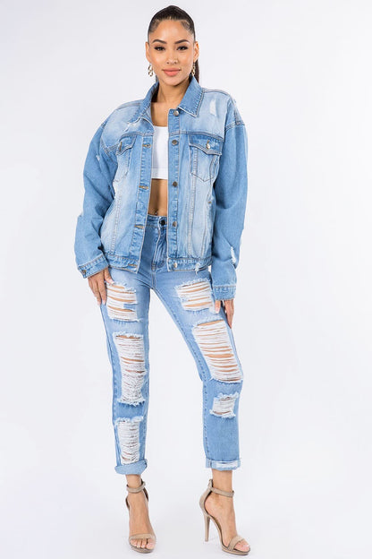 American Bazi Graphic Distressed Long Sleeve Denim Jacket.