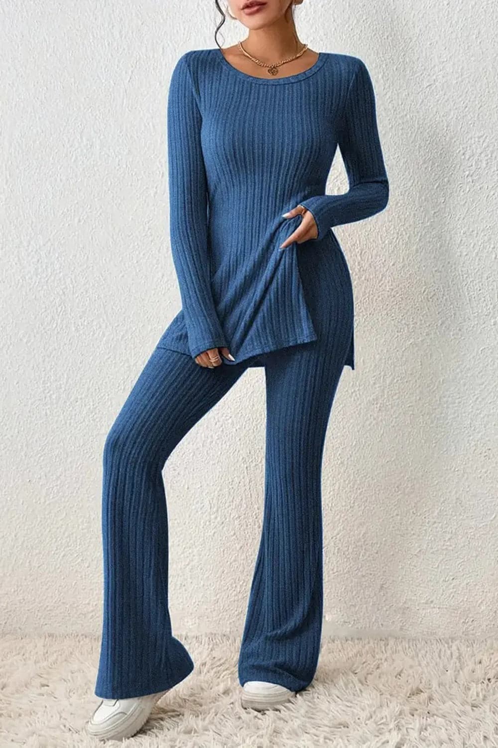 Ribbed Long Sleeve Slit Top and Bootcut Pants Set.