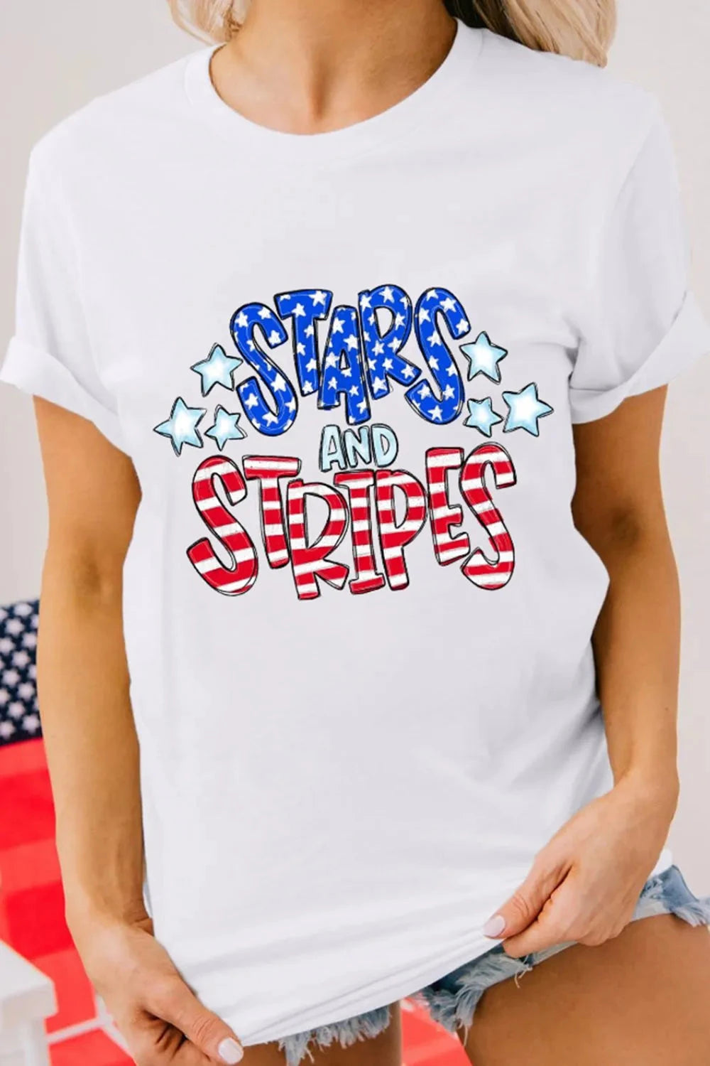 Stars and Stripes Round Neck Short Sleeve T Shirt Simply Love