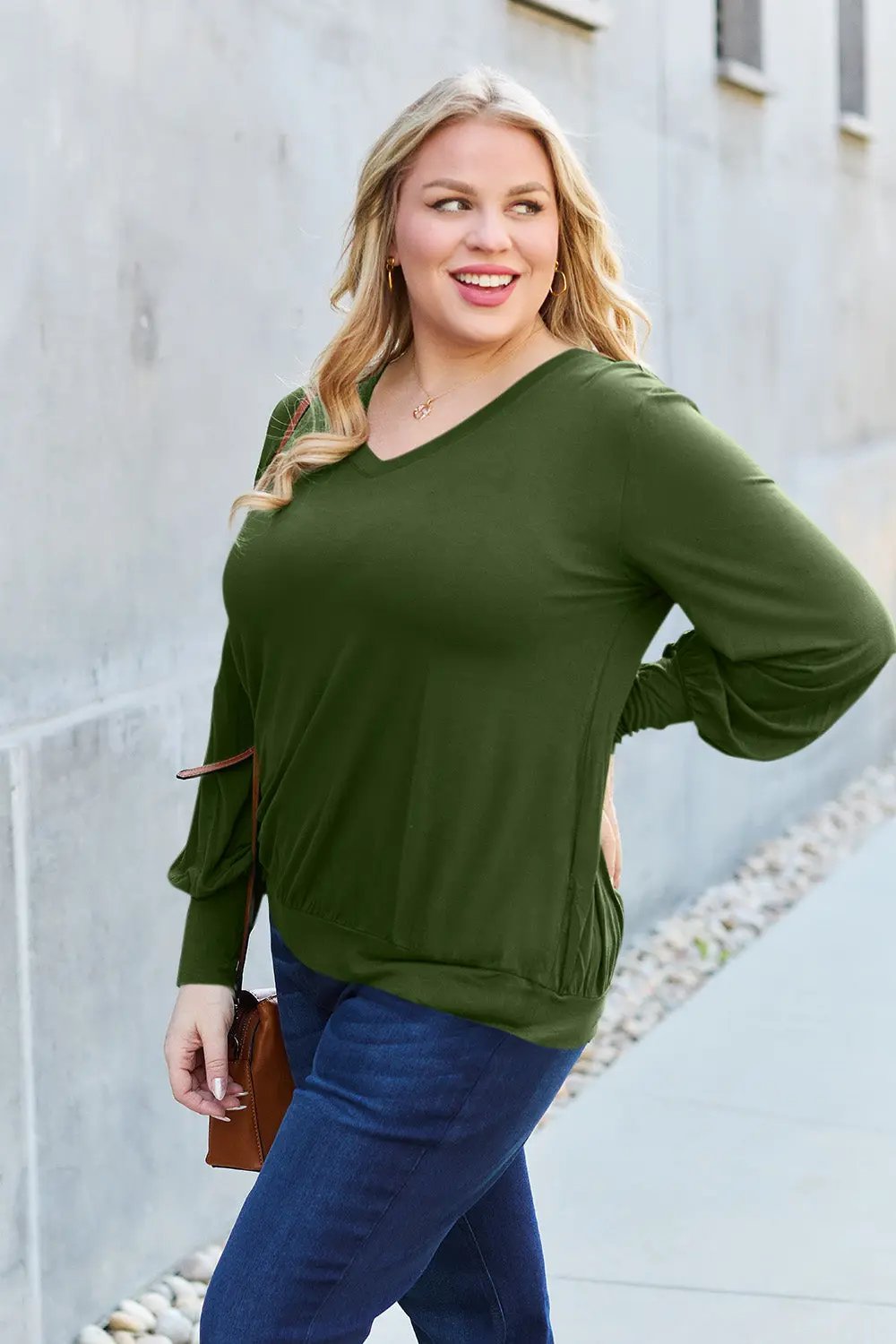 Basic Bae Full Size V-Neck Lantern Sleeve Top - Love Salve