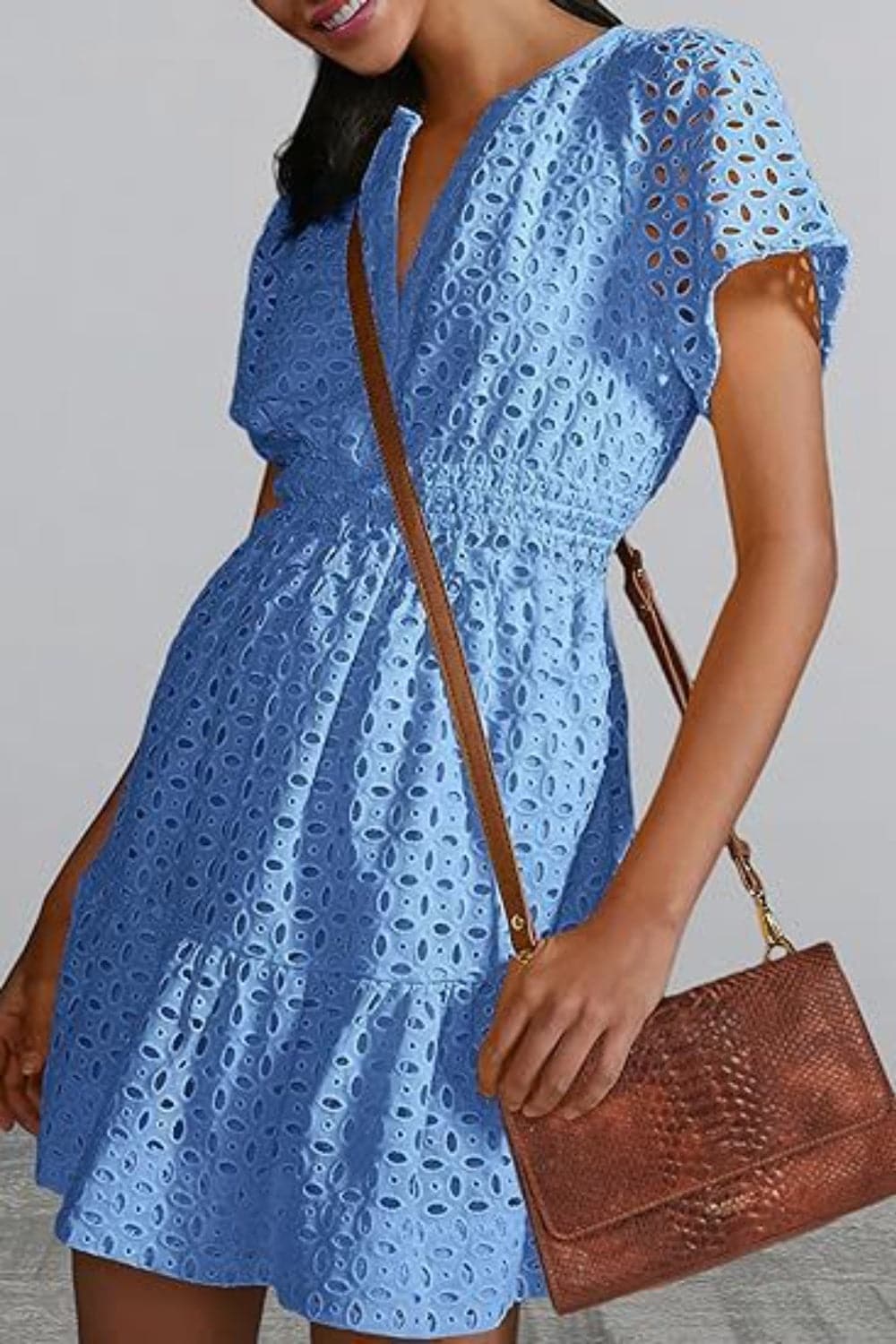 Sheer eyelet mini dress with sleeves