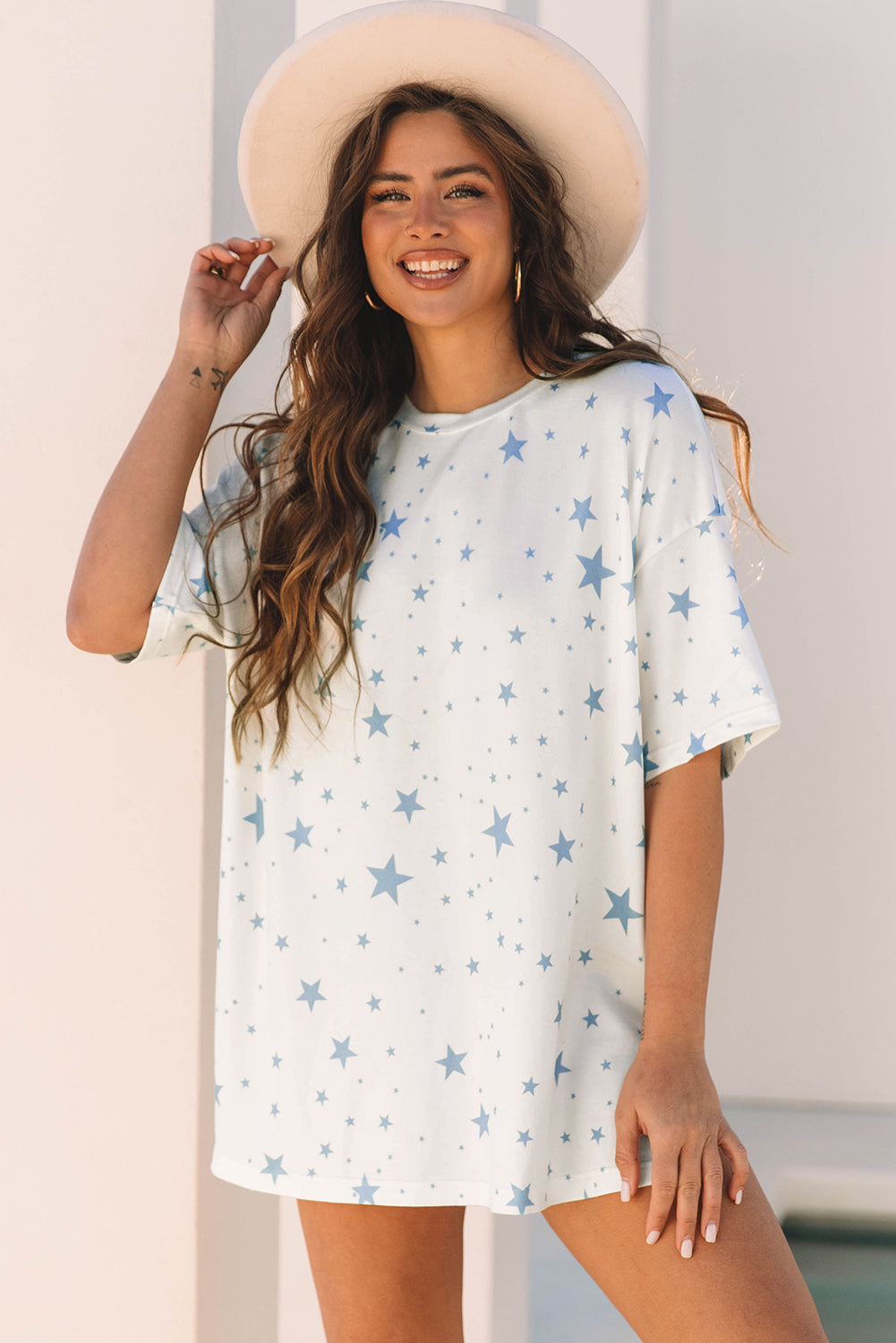 Sky Blue Stars Print Drop Shoulder Oversized T Shirt