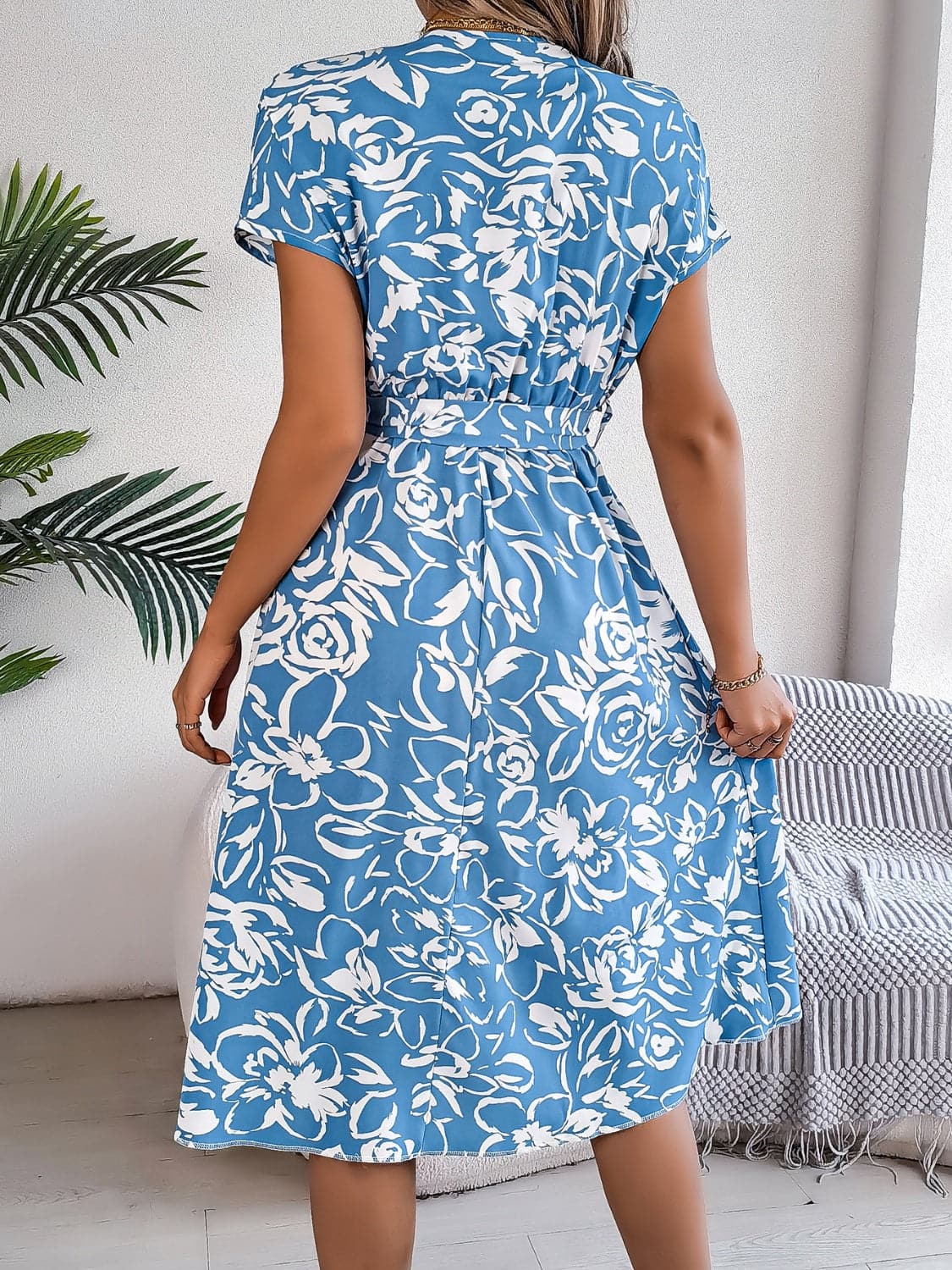 Printed V-Neck Short Sleeve Dress.