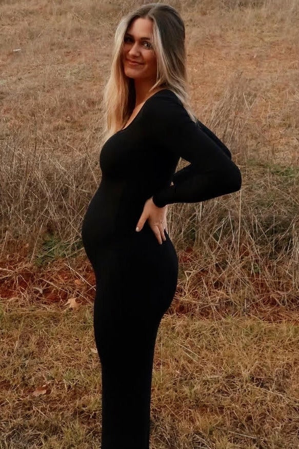 Black Ribbed Long Sleeve Square Neck Maternity Maxi Dress PinkBlush