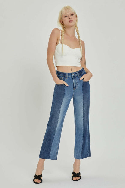 RISEN Full Size Mid-Rise Waist Two-Tones Jeans with Pockets.