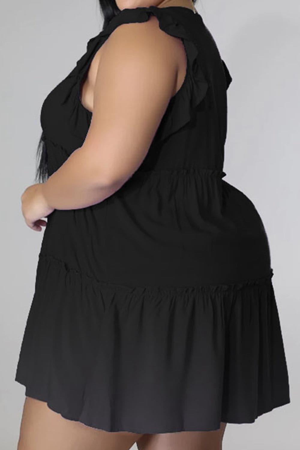 Plus Size V-Neck Frill Trim Mini Dress.