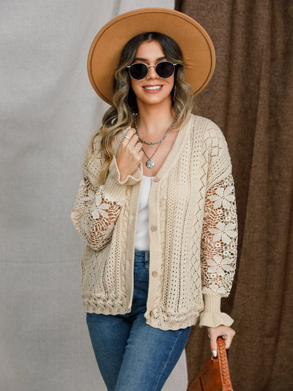 Eyelet Button Up Lantern Sleeve Cardigan.