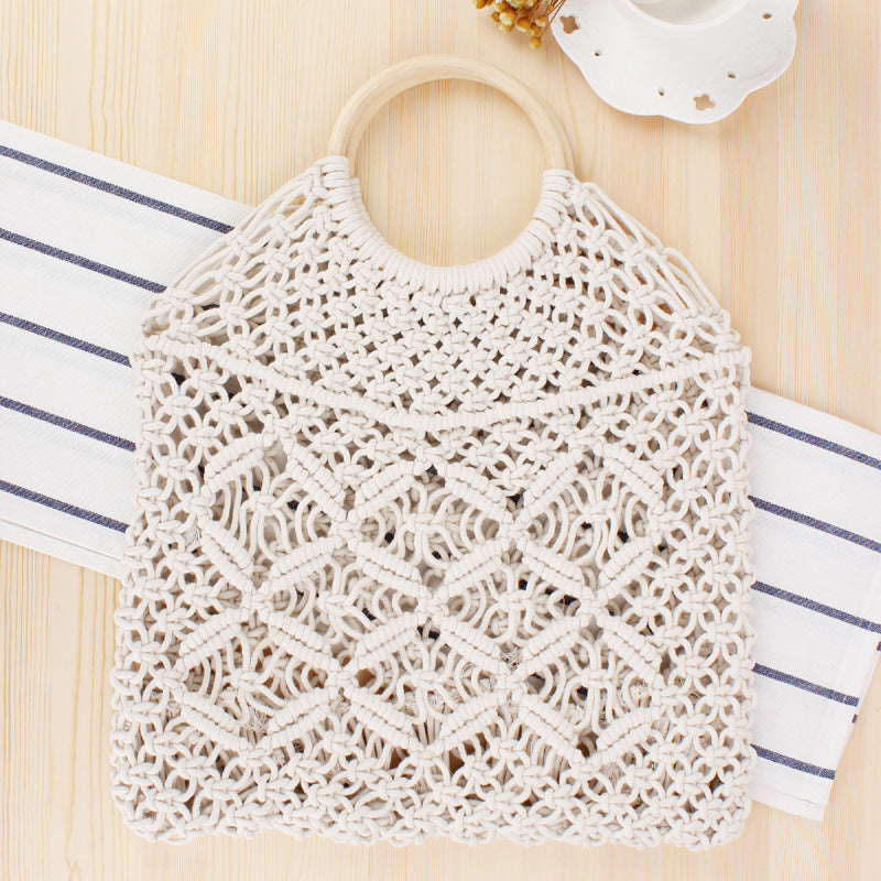 Solid Color Woven Tote Trendy Women Mori Straw Bag Degrees Handmade Cotton String Net Pocket Beach Bag Bella Mia