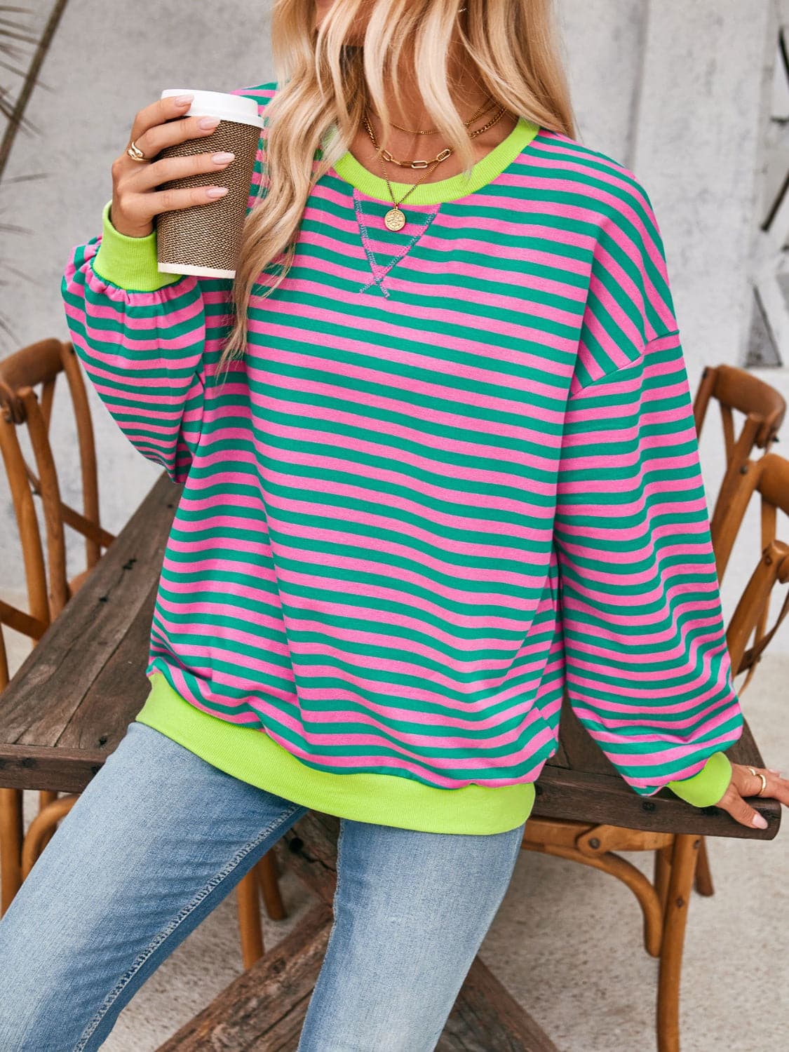 Contrast Striped Long Sleeve Sweatshirt.