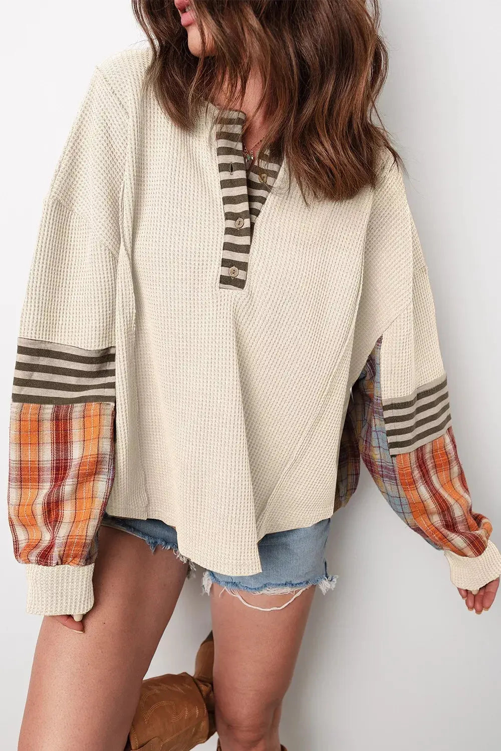 Waffle Knit Plaid Patchwork Long Sleeve Blouse Simply Love