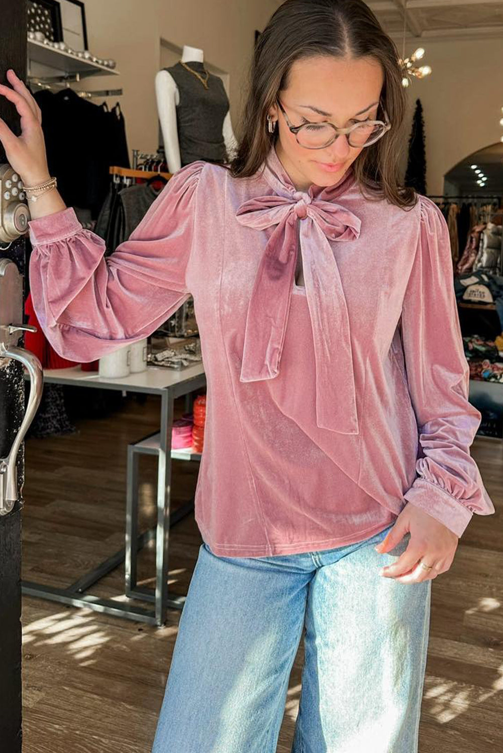 Fuchsia Velvet Ribbon Bow Knot Long Sleeve Blouse For Women Solid Color Casual Top Dear-Lover Dropshipping
