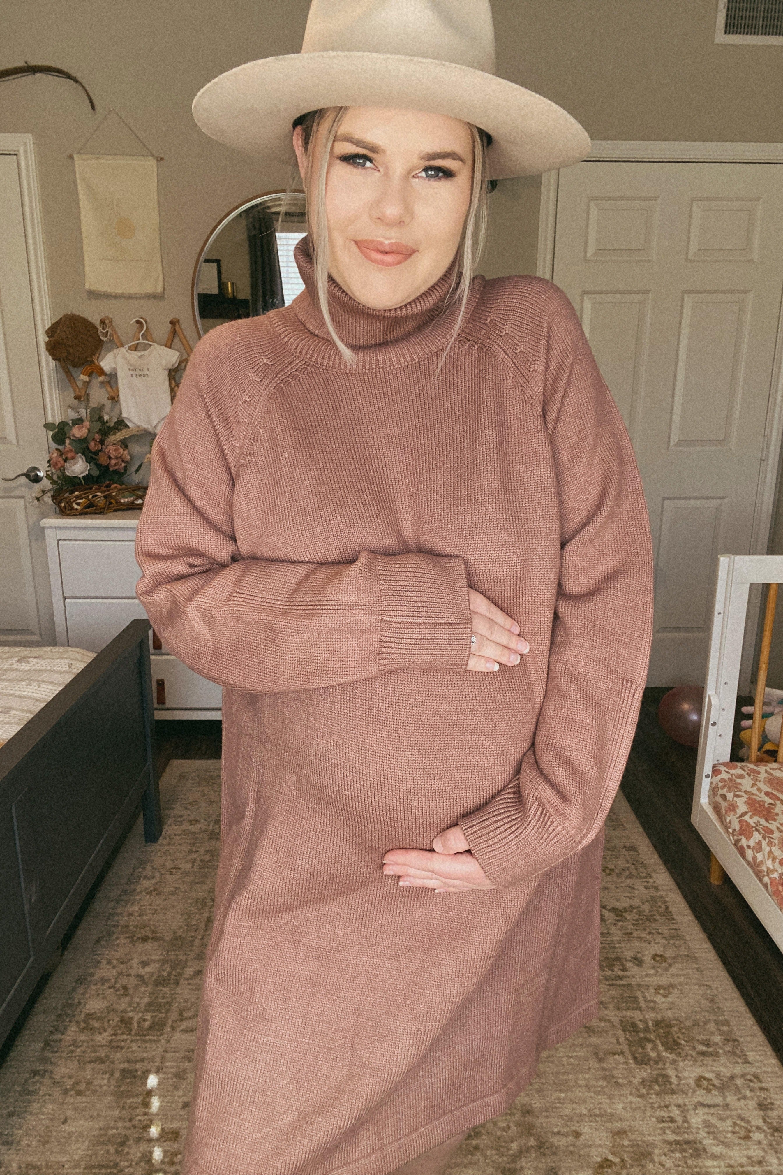 Mocha Knit Turtleneck Maternity Sweater Dress PinkBlush