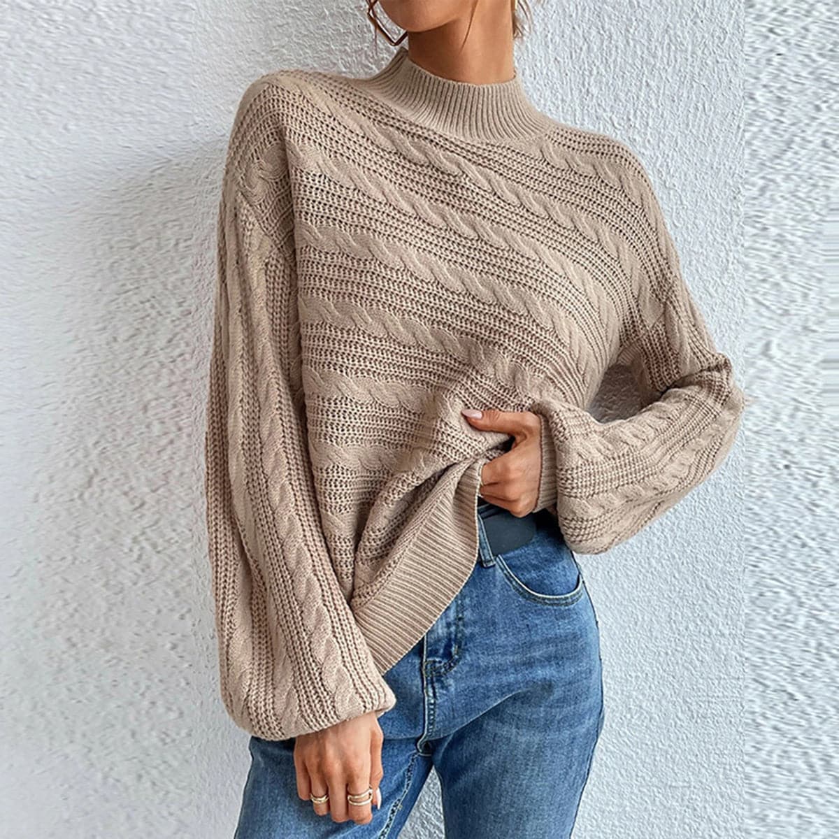 Cable-Knit Mock Neck  Long Sleeve Sweater.