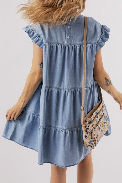 Ruffled Round Neck Cap Sleeve Denim Dress.